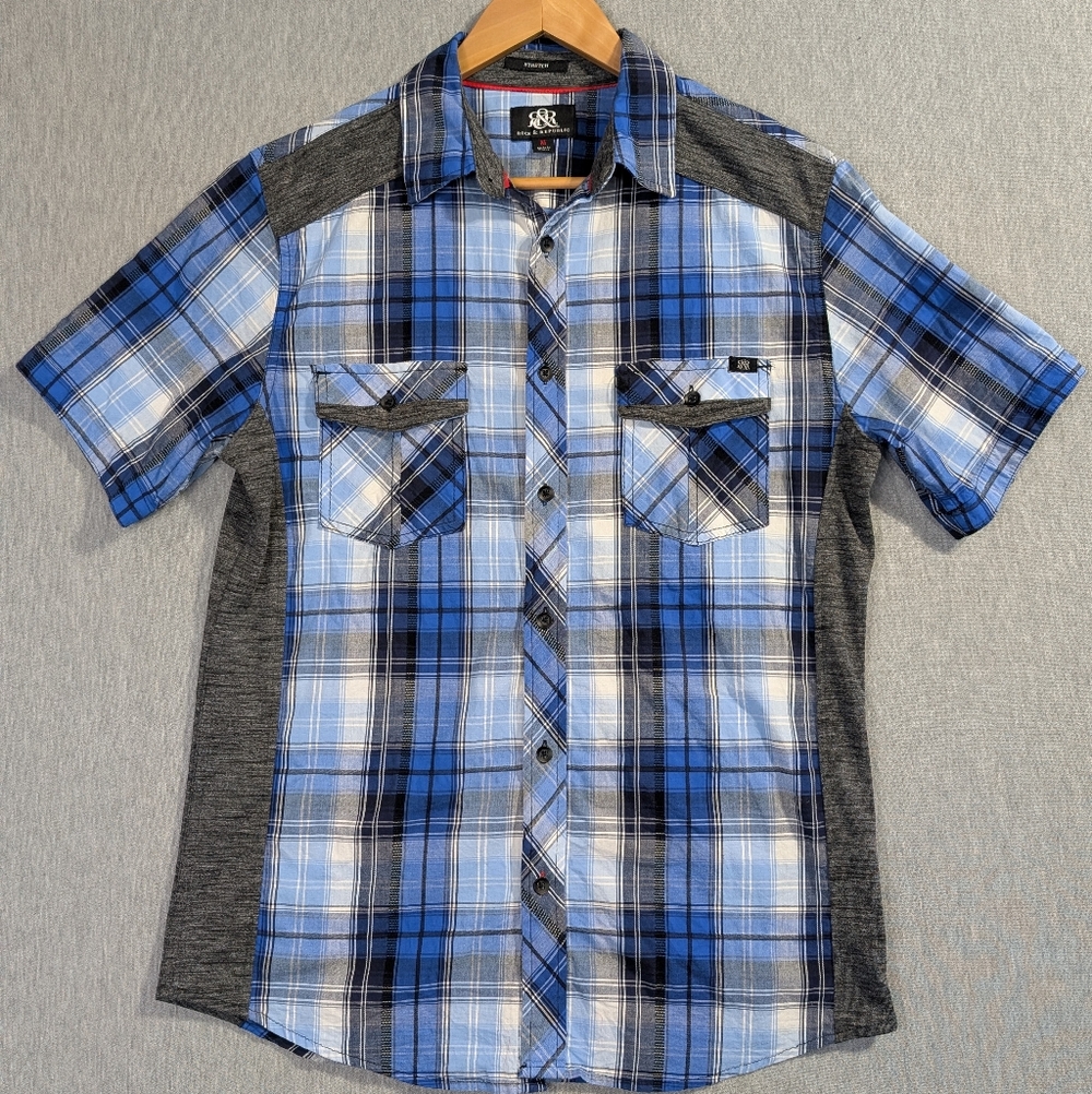 Rock & Republic Plaid Shirt Men's Medium Blue Shirt Sleeve